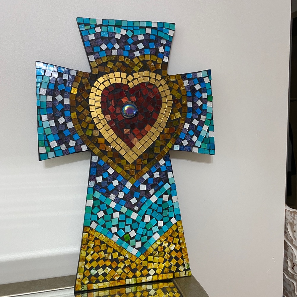 Stained glass cross with heart - Art with hanging fixture on back